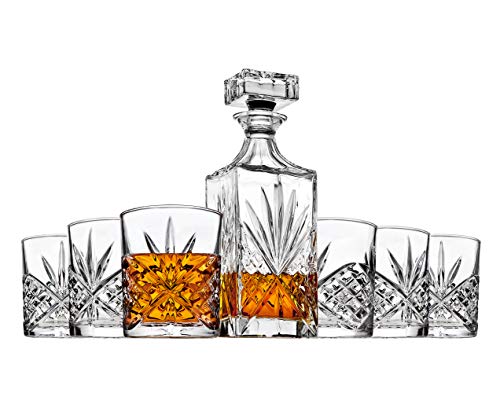 Godinger Whiskey-Dekanter und 6 Whiskey-Gläser Bar-Set, für Likör, Scotch, Bourbon, Dublin Crystal Collection von Godinger