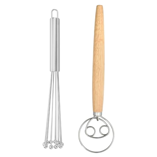 2-Teiliges Set, 10-Perlen-Schneebesen Aus Edelstahl & Teigmischer Mit Eichengriff, DäNischer Schneebesen Geeignet Zum Backen, Kochen, Mischen von Godneei