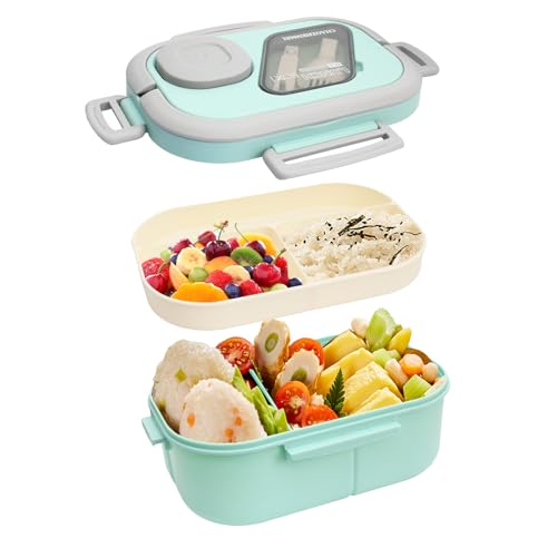 Godneei 1200 ml Brotdose mit FäChern, Bento Box Mikrowellengeeignetes Umami, Dicht Lunchbox Erwachsene, Brotzeitbox mit Separatem SoßEnbecher und Griff von Godneei