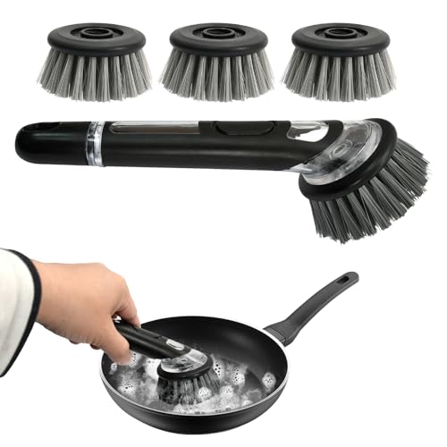 SpüLbüRste mit 3 ErsatzbüRstenköPfen SpüLbüRste mit SpüLmittelspender Steife Borsten Starke Fleckenentfernung BefüLlbare SpüLbüRste Weicher Griff Grau von Godneei