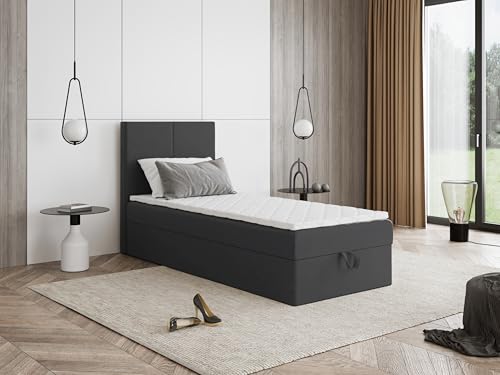 Boxspringbett Faro Mini mit Kopfteil und einem Bettkasten – Kompaktes Einzelbett mit Bonell- oder Taschenfederkern, komfortable Liegehöhe, Verschiedene Größen & Farben (90x200) von Godre