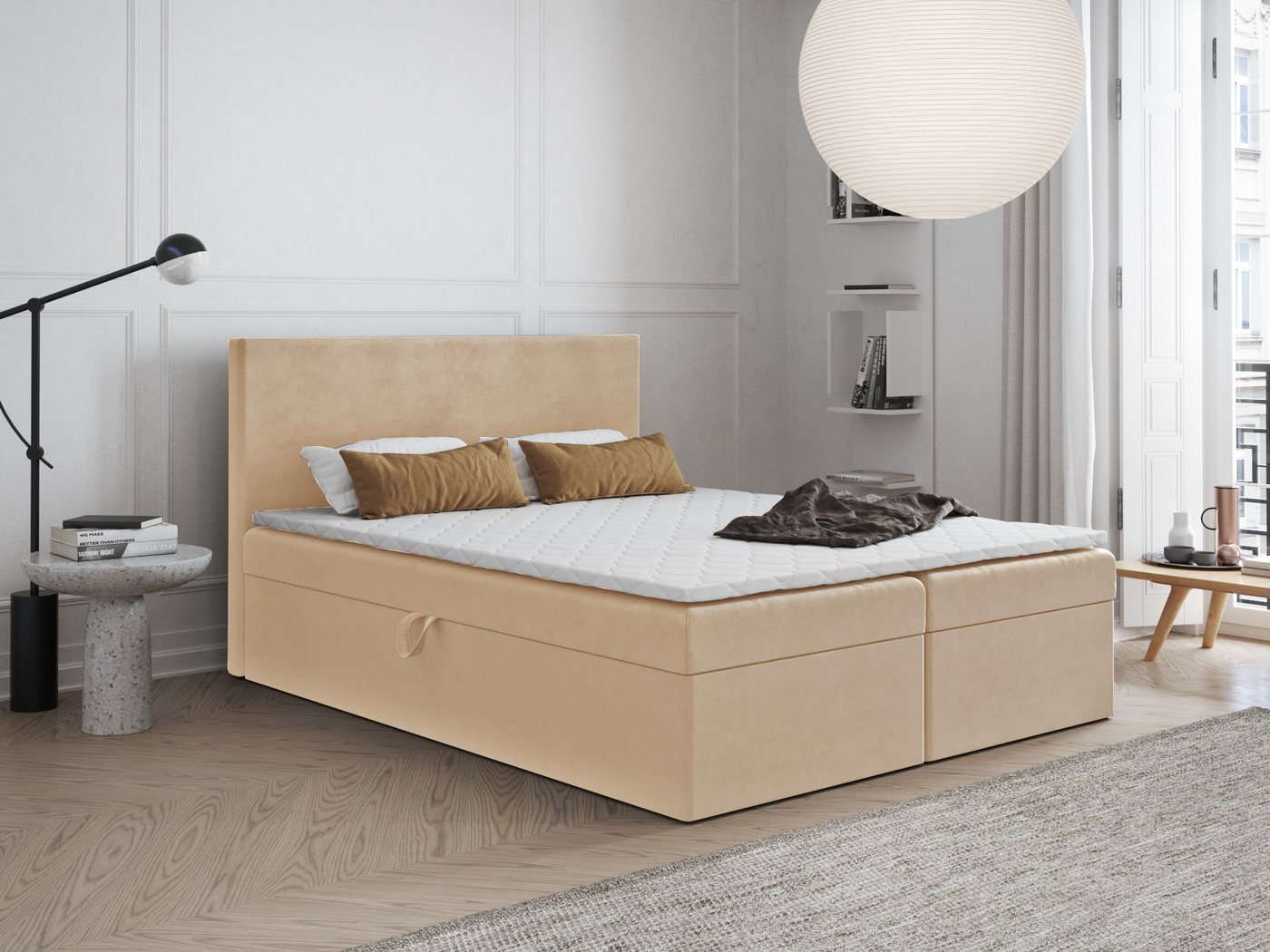 Godre Boxspringbett 140x180 cm - mit Bettkasten und Topper ARES - Bonell Matratze (Bett + Matratze + Topper T-Visco), Bett mit zwei seitlich zu öffnenden Kästen von Godre