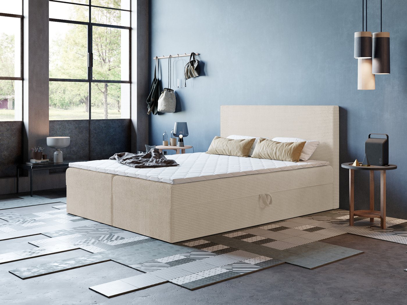 Godre Boxspringbett 150x200 cm - mit Bettkasten und Topper ARES - Bonell Matratze (Bett + Matratze + Topper T-25), Bett mit zwei seitlich zu öffnenden Kästen von Godre