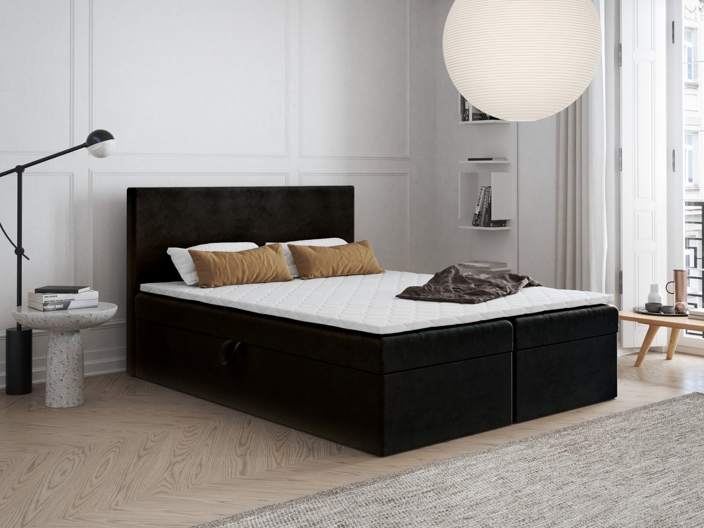 Godre Boxspringbett 160x200 cm - mit Bettkasten und Topper ARES - Bonell Matratze (Bett + Matratze + Topper T-Visco), Bett mit zwei seitlich zu öffnenden Kästen von Godre