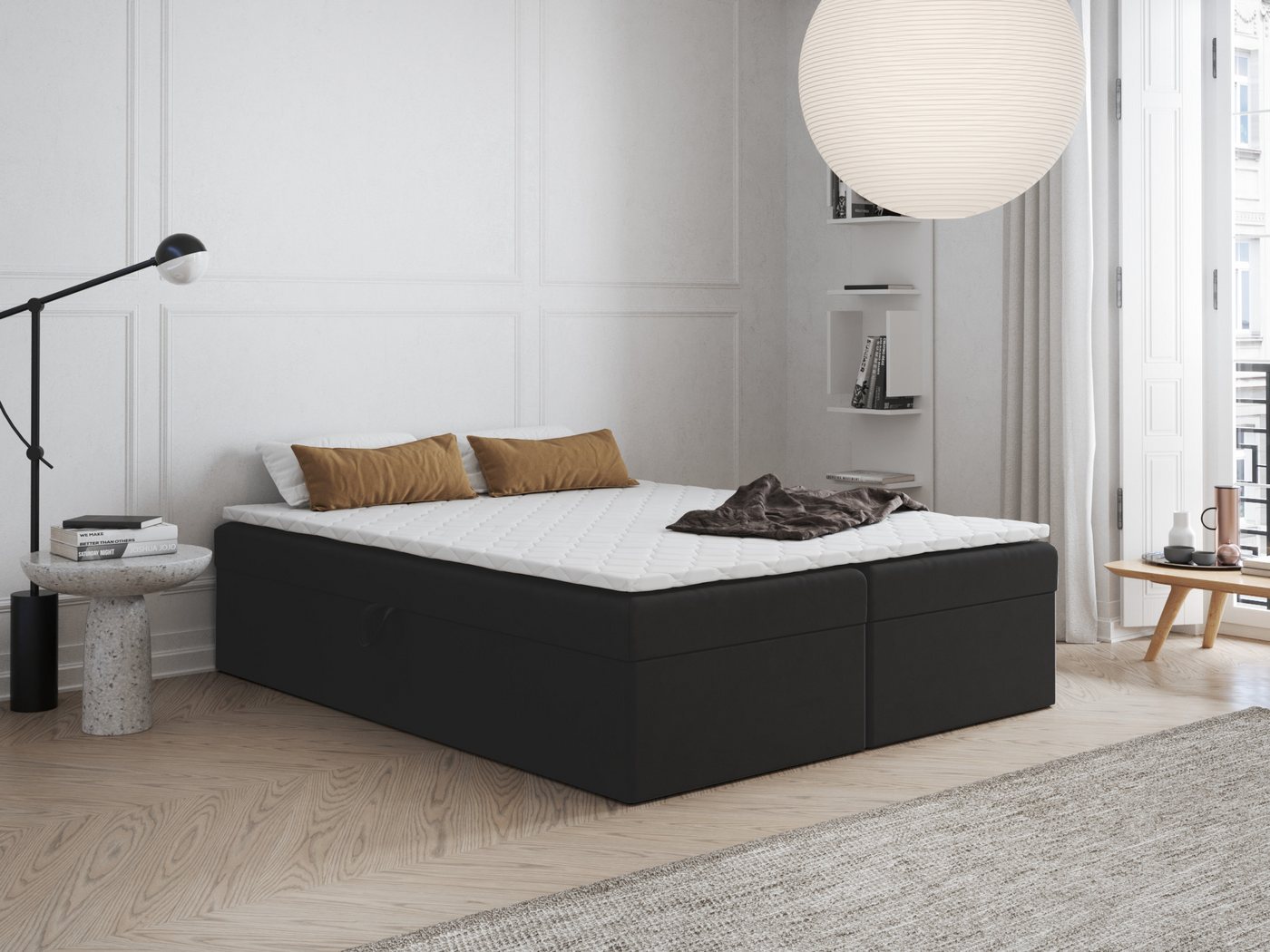 Godre Boxspringbett FARO 2 130x200 mit Bonell Materatze Topper Mittelhart (Bett + Matratze + Topper T-25), Bett mit zwei seitlich zu öffnenden Kästen von Godre