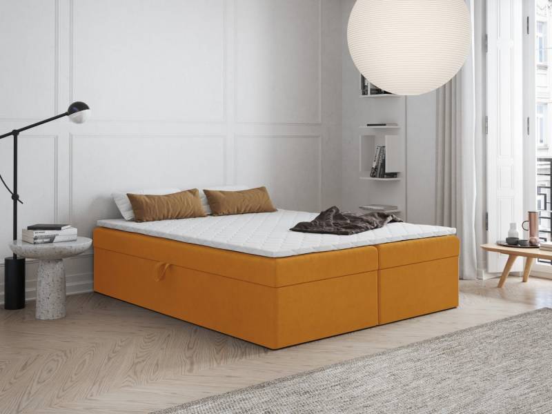 Godre Boxspringbett FARO 2 140x200 mit Bonell Materatze Topper Mittelhart (Bett + Matratze + Topper T-25), Bett mit zwei seitlich zu öffnenden Kästen von Godre