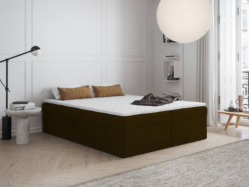 Godre Boxspringbett FARO 2 140x200 mit Bonell Materatze Topper T Visco (Bett + Matratze + Topper T Visco), Bett mit zwei seitlich zu öffnenden Kästen von Godre