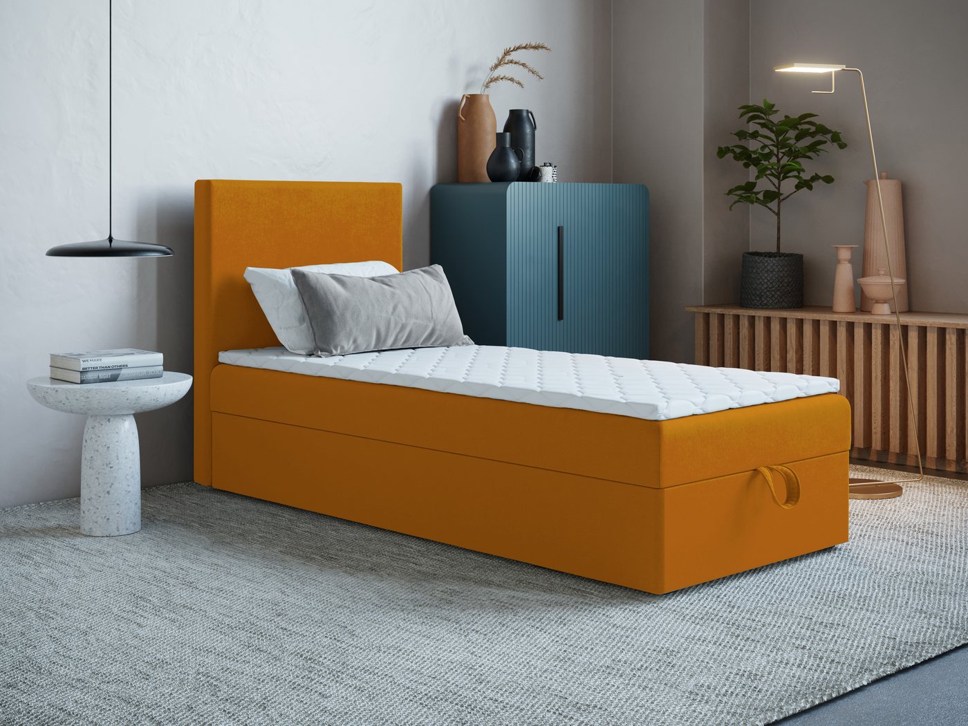 Godre Boxspringbett mit Bettkasten ARES MINI 60x200 cm - Topper T-25 (Bett + Matratze + Topper), Bett mit einem Kasten von Godre