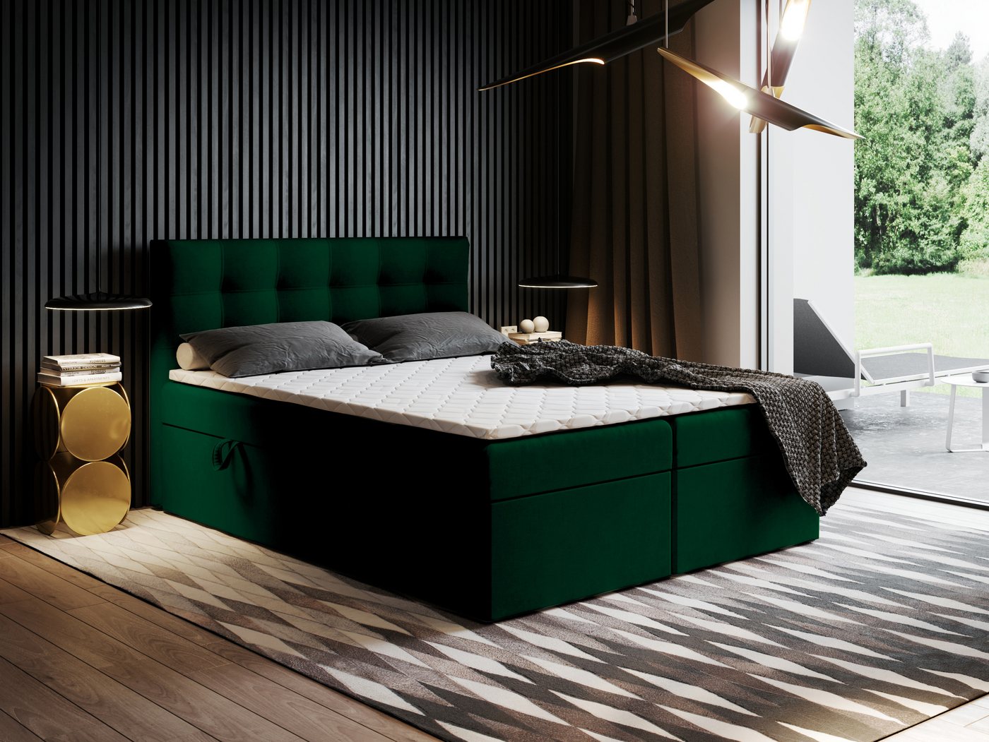Godre Boxspringbett mit Bettkasten Ewora 120x200 cm mit Bonell Matratze (Bett + Matratze + Topper T-25), Bett mit zwei seitlich zu öffnenden Kästen von Godre