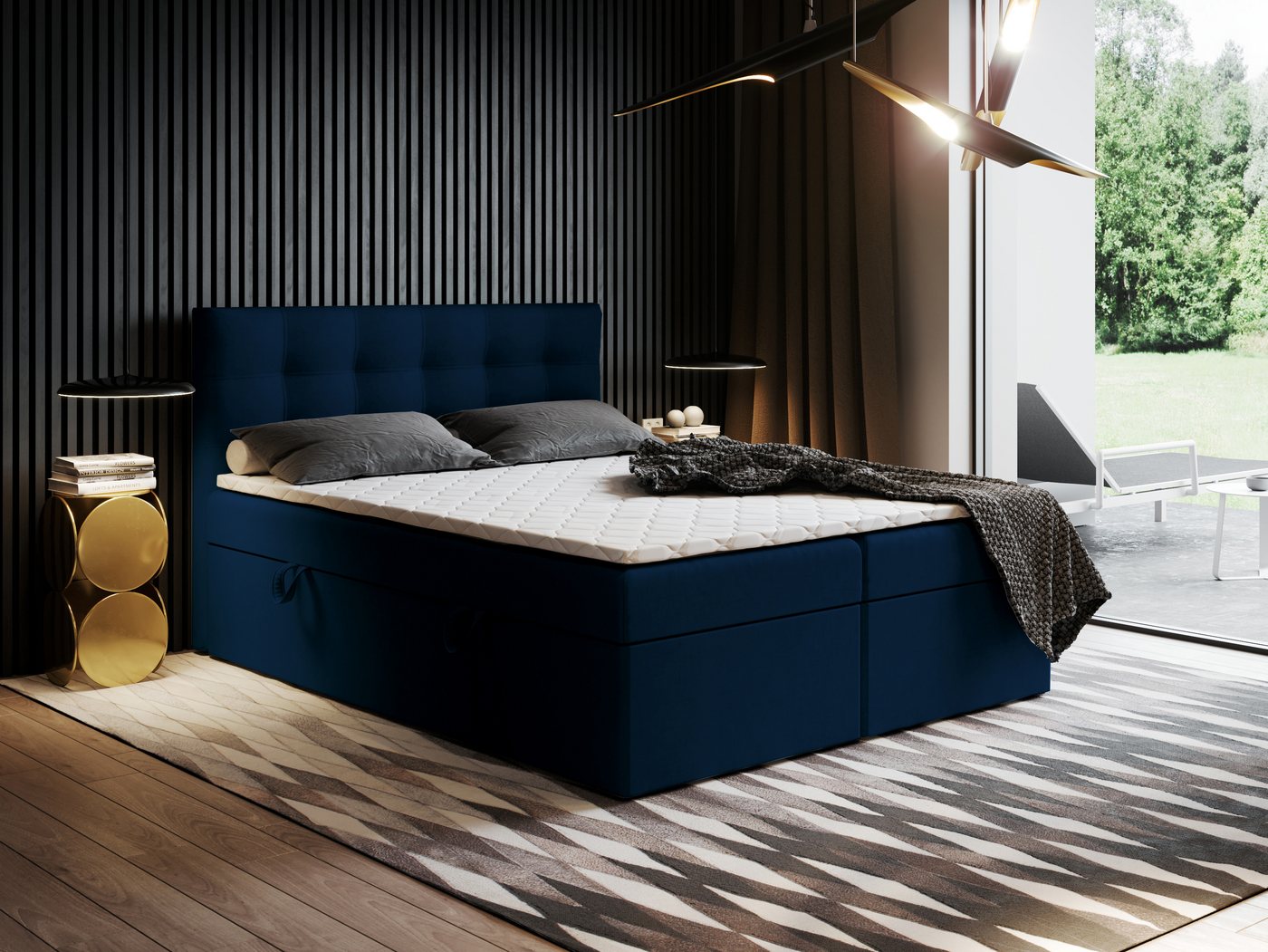 Godre Boxspringbett mit Bettkasten Ewora 140x200 cm mit Bonell Matratze (Bett + Matratze + Topper T-Visco), Bett mit zwei seitlich zu öffnenden Kästen von Godre