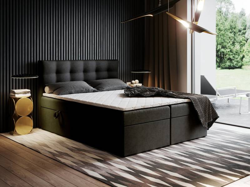 Godre Boxspringbett mit Bettkasten Ewora 140x200 cm mit Pocket Matratze (Bett + Matratze + Topper T-Visco), Bett mit zwei seitlich zu öffnenden Kästen von Godre