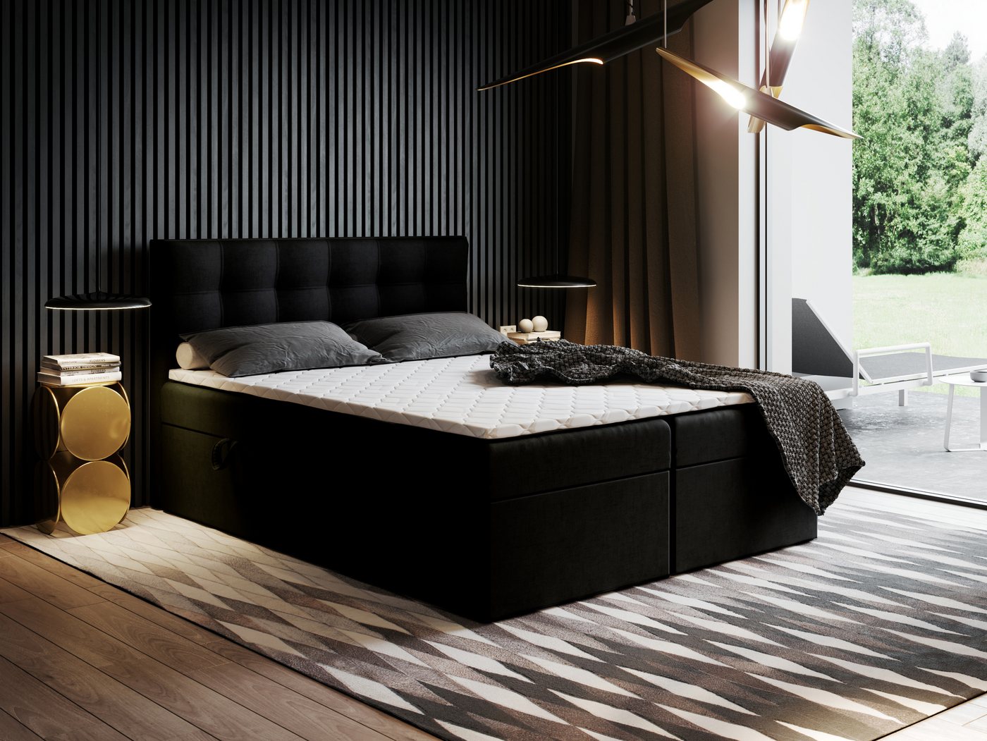 Godre Boxspringbett mit Bettkasten Ewora 150x180 cm mit Bonell Matratze (Bett + Matratze + Topper T-25), Bett mit zwei seitlich zu öffnenden Kästen von Godre