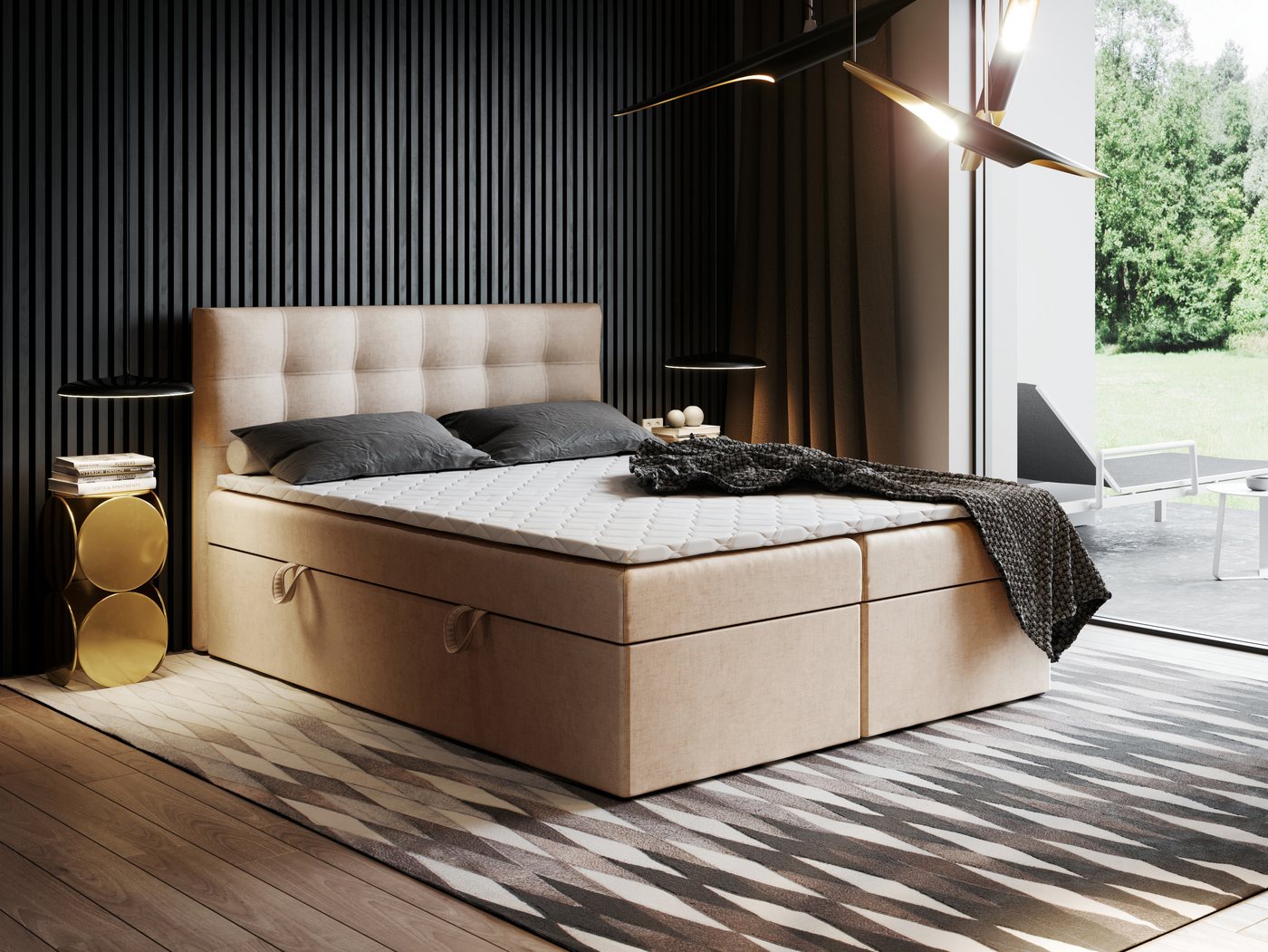 Godre Boxspringbett mit Bettkasten Ewora 170x180 cm mit Bonell Matratze (Bett + Matratze + Topper T-25), Bett mit zwei seitlich zu öffnenden Kästen von Godre