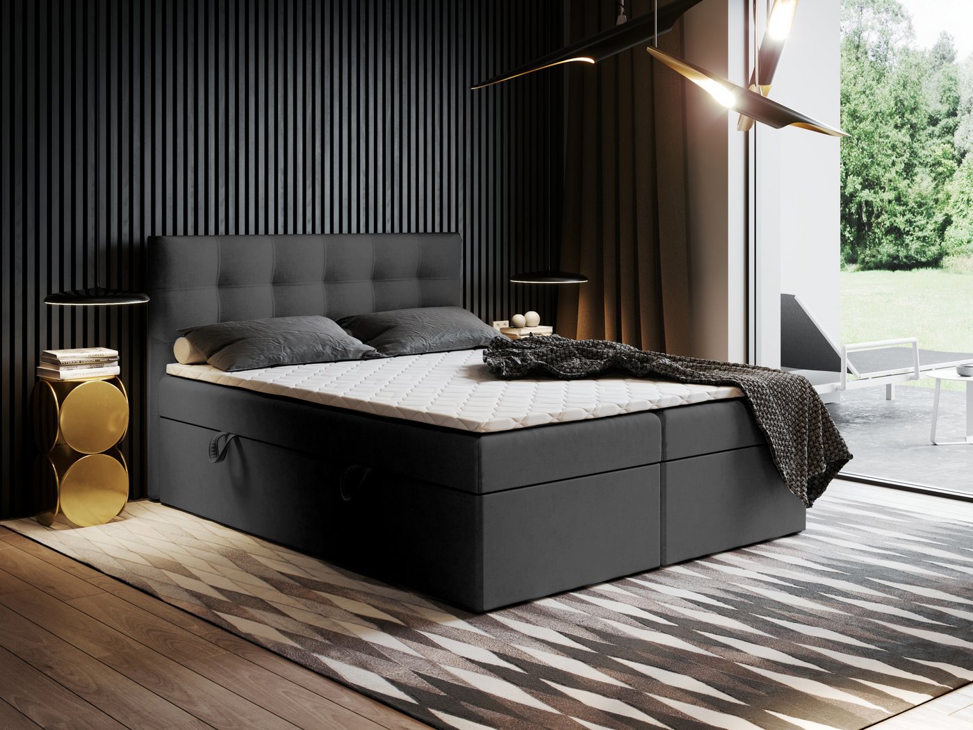 Godre Boxspringbett mit Bettkasten Ewora 170x200 cm mit Bonell Matratze (Bett + Matratze + Topper T-Visco), Bett mit zwei seitlich zu öffnenden Kästen von Godre