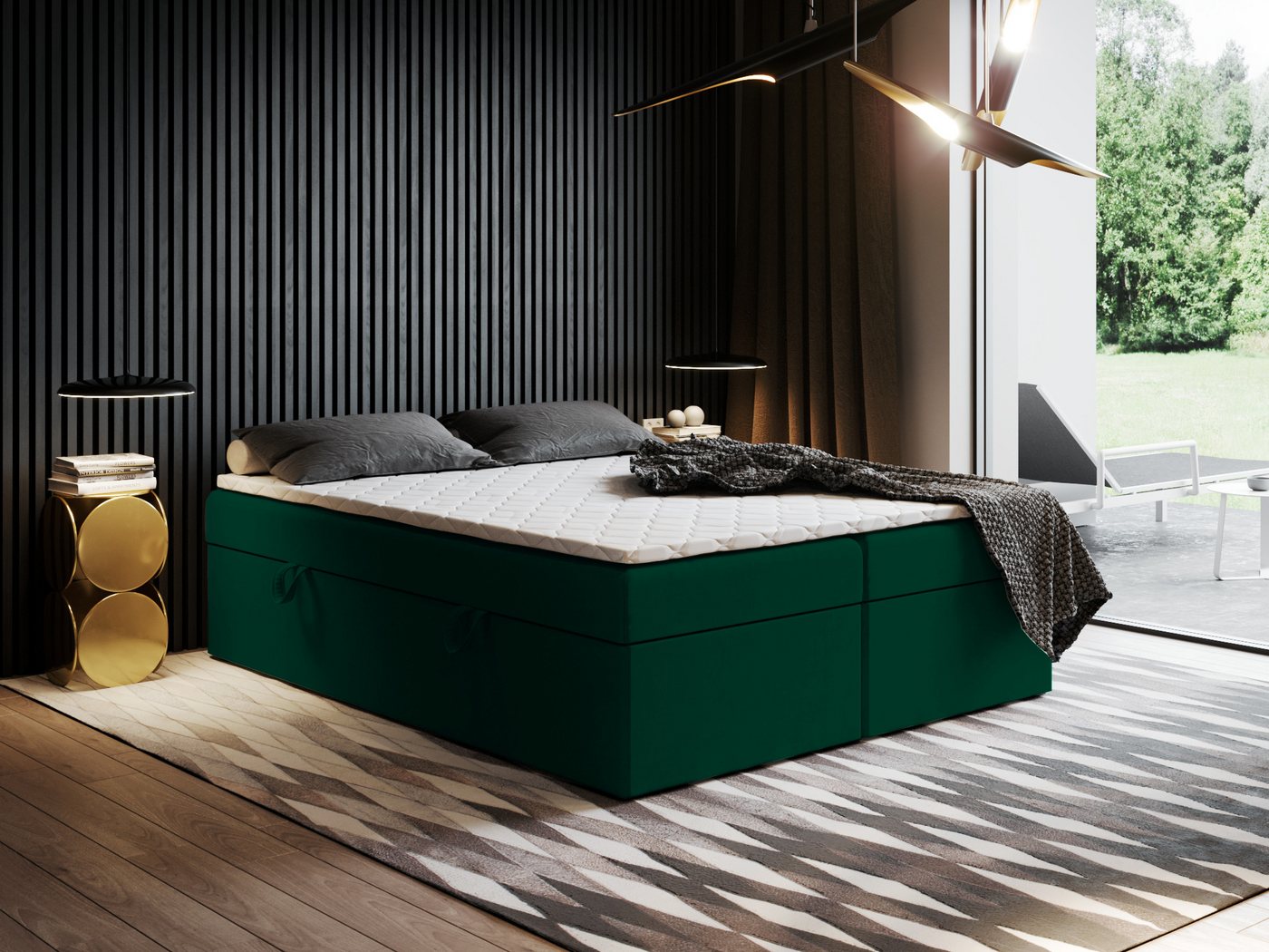 Godre Boxspringbett mit Bettkasten Ewora 2 140x180 cm mit Pocket Matratze (Bett + Matratze + Topper T-25), Bett mit zwei seitlich zu öffnenden Kästen von Godre