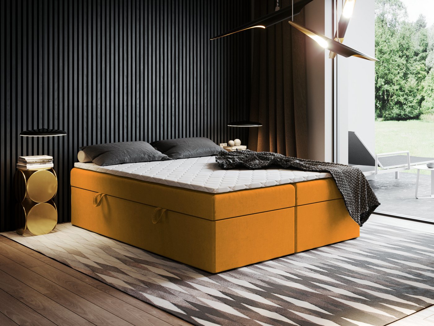 Godre Boxspringbett mit Bettkasten Ewora 2 150x180 cm mit Bonell Matratze (Bett + Matratze + Topper T-25), Bett mit zwei seitlich zu öffnenden Kästen von Godre