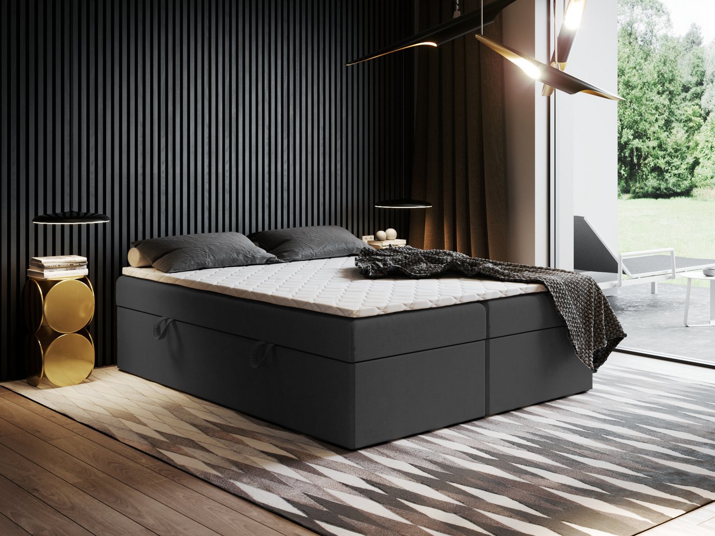 Godre Boxspringbett mit Bettkasten Ewora 2 150x180 cm mit Bonell Matratze (Bett + Matratze + Topper T-Visco), Bett mit zwei seitlich zu öffnenden Kästen von Godre