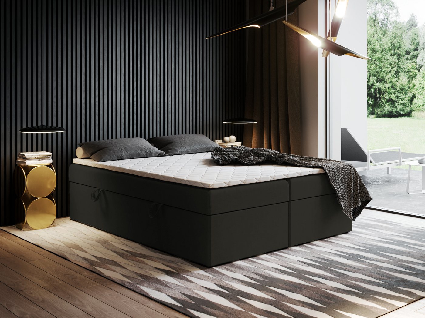 Godre Boxspringbett mit Bettkasten Ewora 2 150x200 cm mit Pocket Matratze (Bett + Matratze + Topper T-Visco), Bett mit zwei seitlich zu öffnenden Kästen von Godre