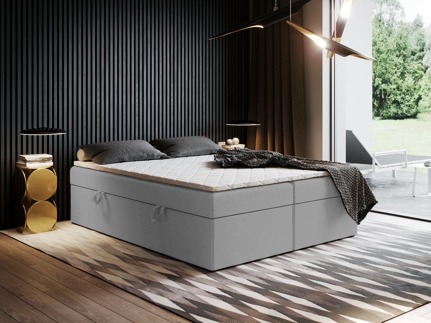 Godre Boxspringbett mit Bettkasten Ewora 2 170x190 cm mit Bonell Matratze (Bett + Matratze + Topper T-Visco), Bett mit zwei seitlich zu öffnenden Kästen von Godre