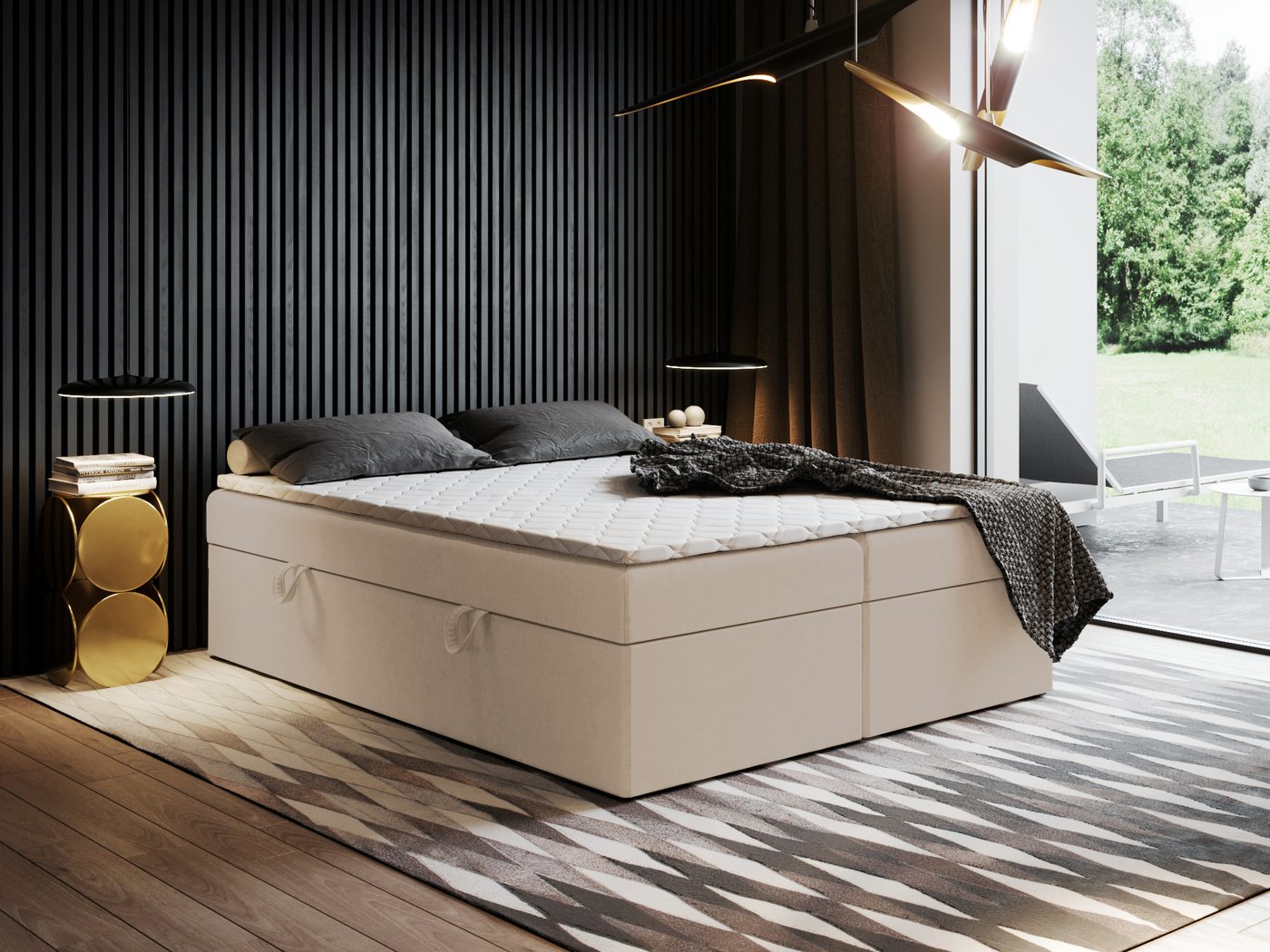 Godre Boxspringbett mit Bettkasten Ewora 2 190x200 cm mit Bonell Matratze (Bett + Matratze + Topper T-25), Bett mit zwei seitlich zu öffnenden Kästen von Godre
