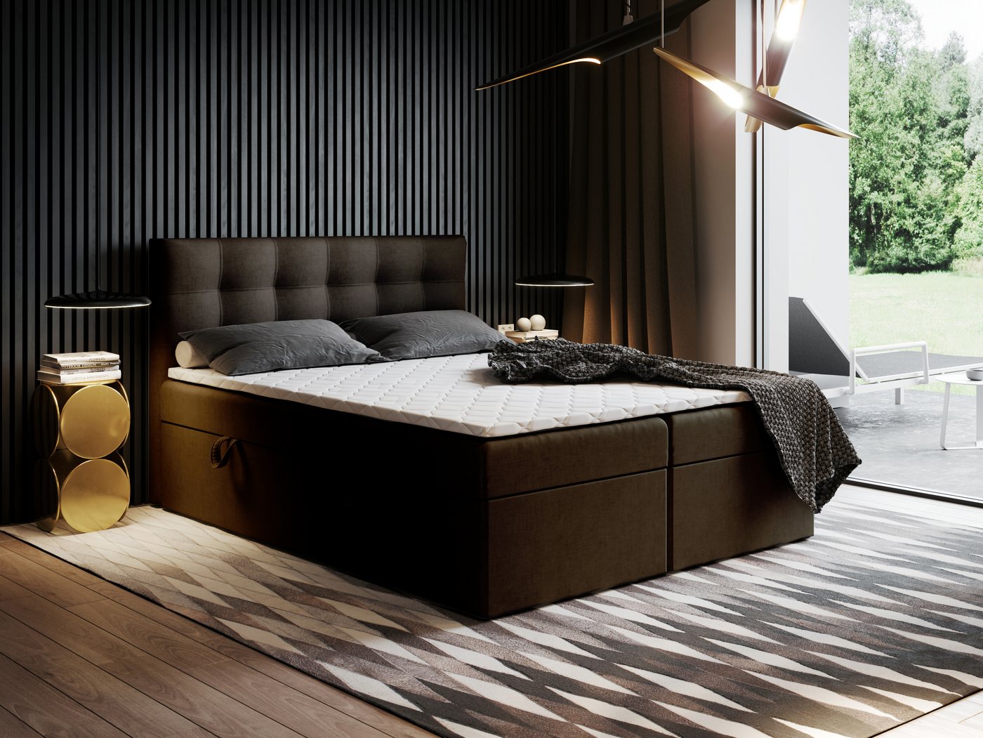 Godre Boxspringbett mit Bettkasten Ewora 200x200 cm mit Bonell Matratze (Bett + Matratze + Topper T-Visco), Bett mit zwei seitlich zu öffnenden Kästen von Godre