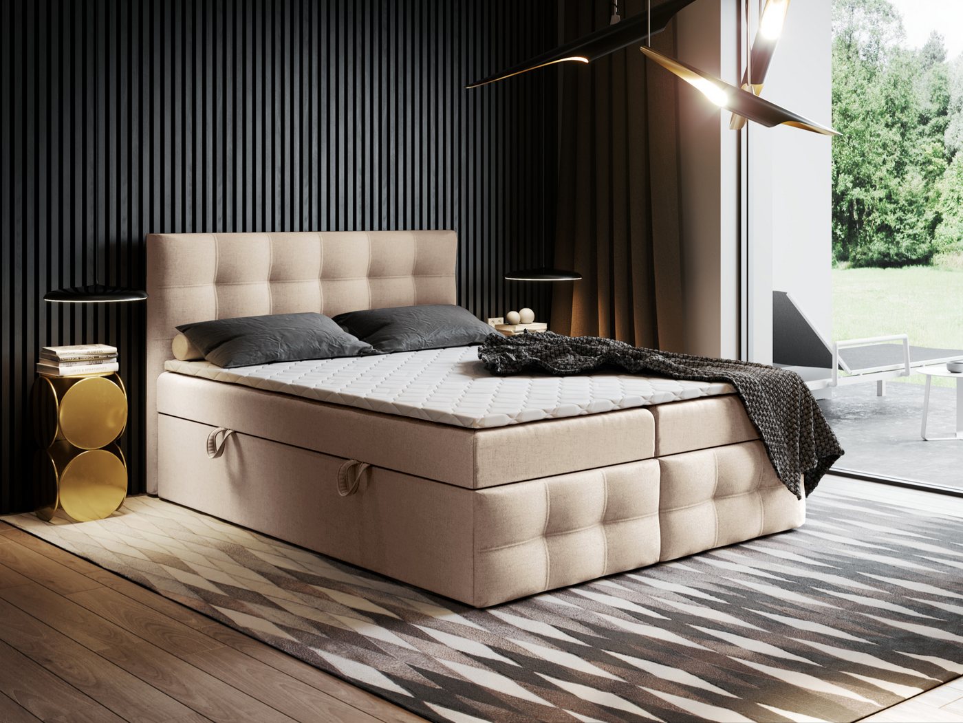 Godre Boxspringbett mit Bettkasten Ewora 3 140x200 cm - Taschenfederkern Matratze (Bett + Matratze + Topper), Bett mit zwei seitlich zu öffnenden Kästen von Godre