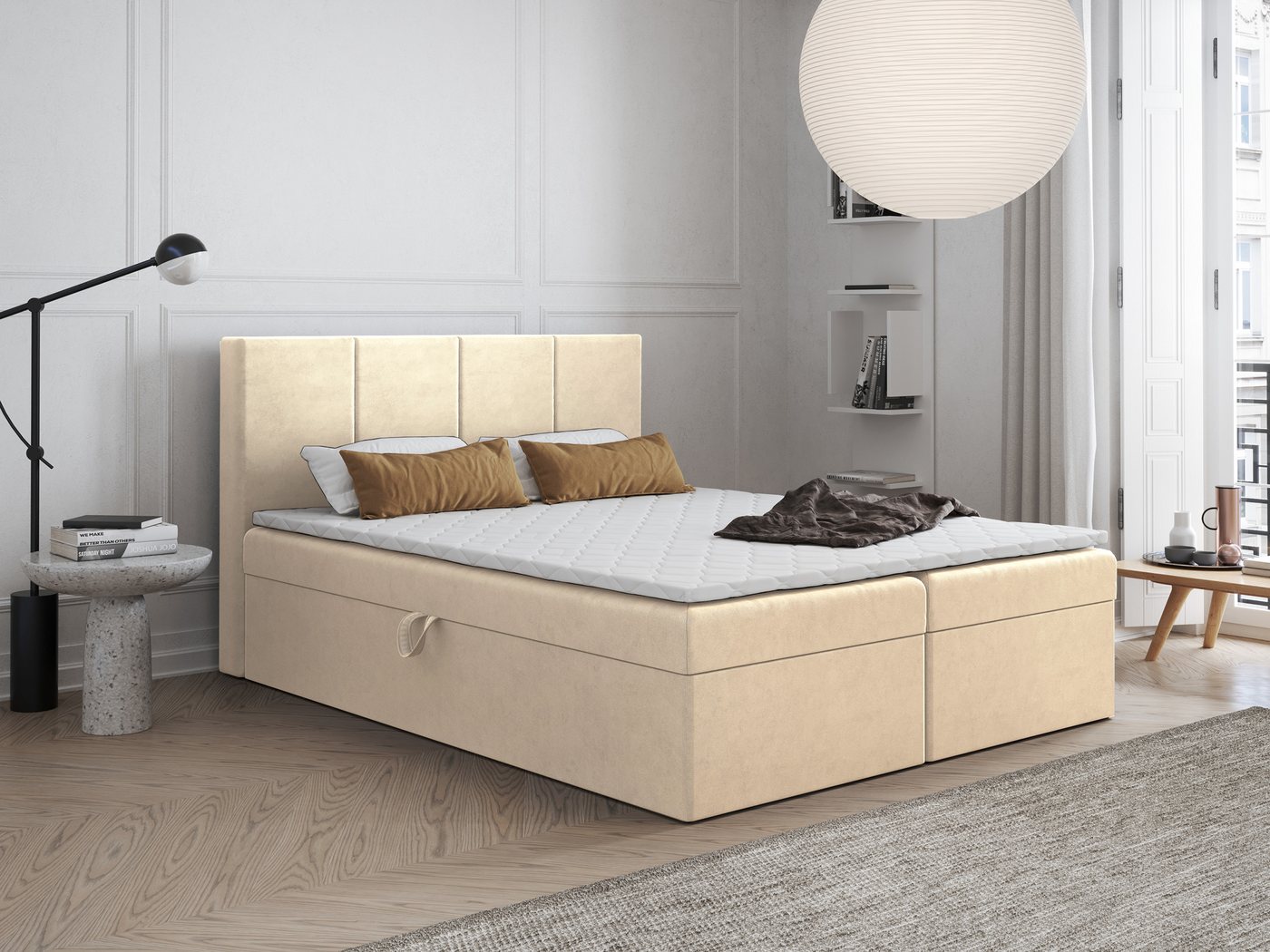 Godre Boxspringbett mit Bettkasten FARO 140x180 cm mit Bonell Matratze (Bett + Matratze + Topper T-Visco), Bett mit zwei seitlich zu öffnenden Kästen von Godre