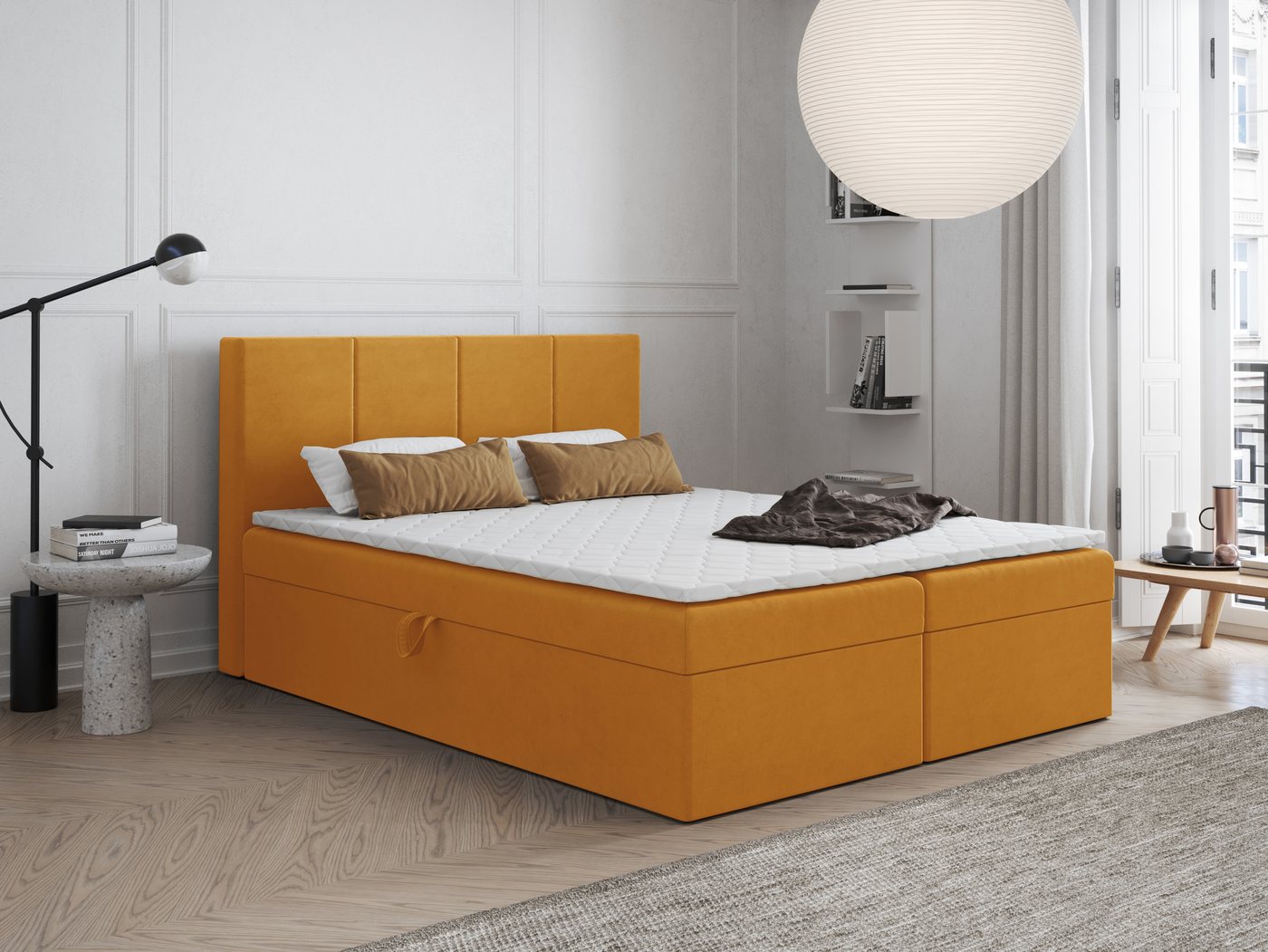 Godre Boxspringbett mit Bettkasten FARO 140x190 cm mit Bonell Matratze (Bett + Matratze + Topper T-Visco), Bett mit zwei seitlich zu öffnenden Kästen von Godre
