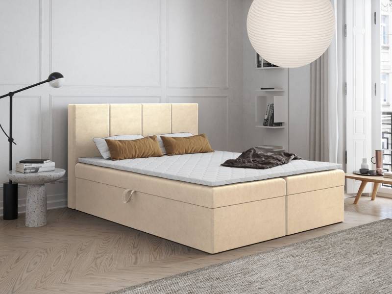 Godre Boxspringbett mit Bettkasten FARO 140x200 cm mit Bonell Matratze (Bett + Matratze + Topper T-25), Bett mit zwei seitlich zu öffnenden Kästen von Godre