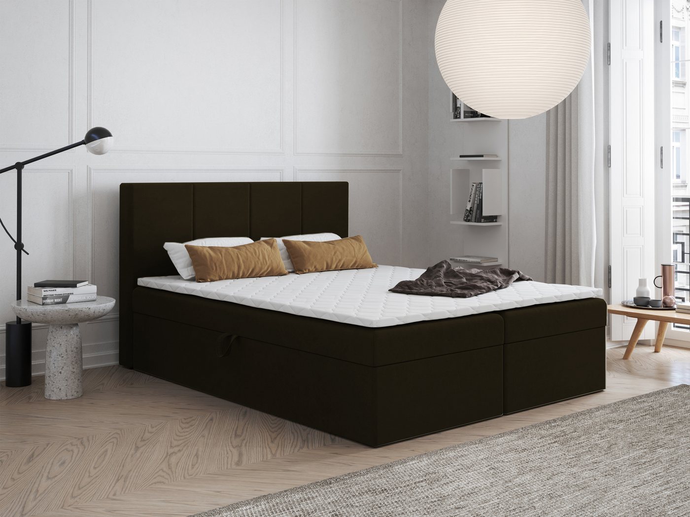 Godre Boxspringbett mit Bettkasten FARO 140x200 cm mit Bonell Matratze (Bett + Matratze + Topper T-Visco), Bett mit zwei seitlich zu öffnenden Kästen von Godre