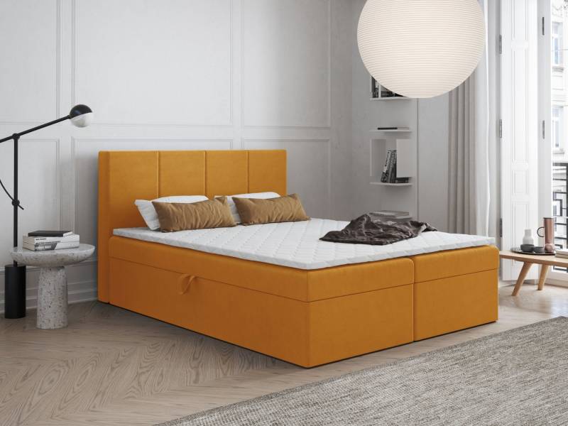 Godre Boxspringbett mit Bettkasten FARO 150x200 cm mit Bonell Matratze (Bett + Matratze + Topper T-Visco), Bett mit zwei seitlich zu öffnenden Kästen von Godre
