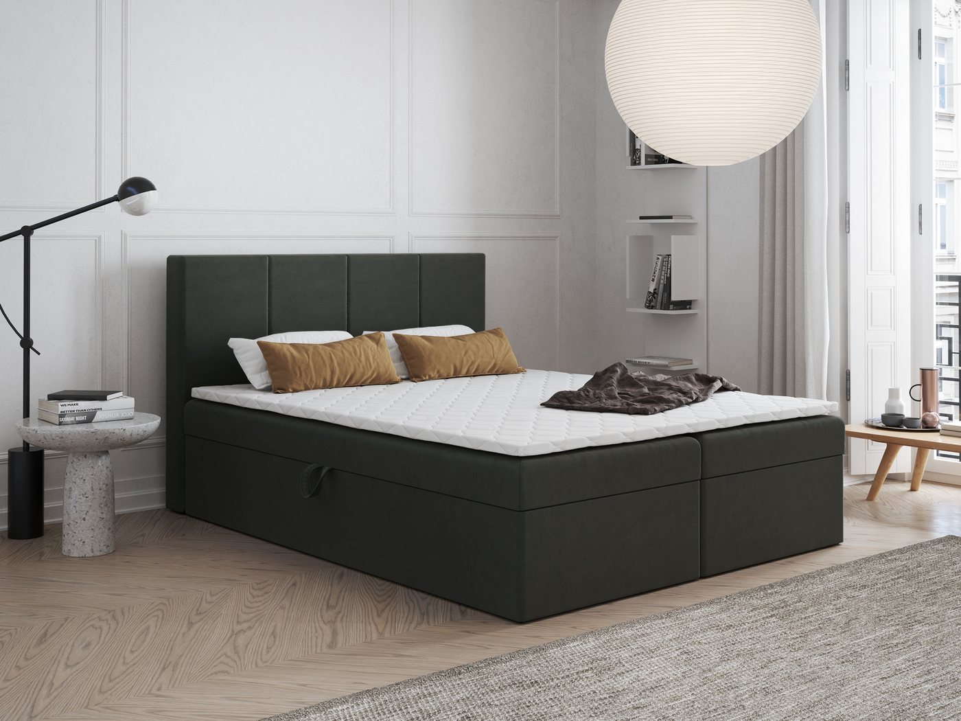 Godre Boxspringbett mit Bettkasten FARO 190x190 cm mit Bonell Matratze (Bett + Matratze + Topper T-Visco), Bett mit zwei seitlich zu öffnenden Kästen von Godre