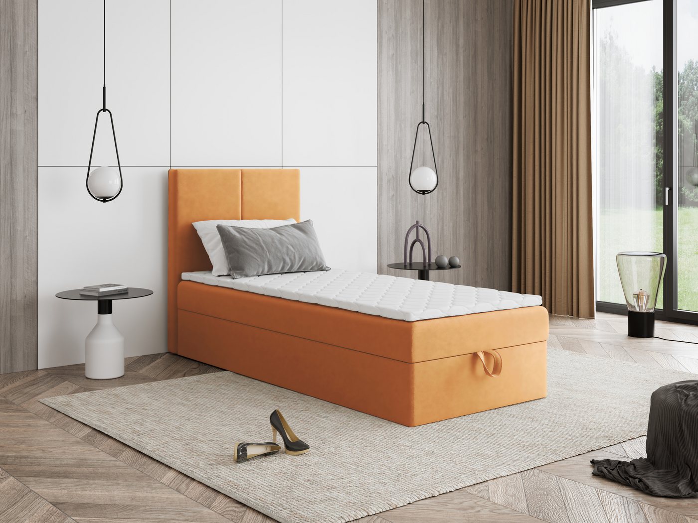Godre Boxspringbett mit Bettkasten FARO Mini 60x200 cm - Bonellfederkern Matratze (Bett + Matratze + Topper), Bett mit einem Kasten von Godre