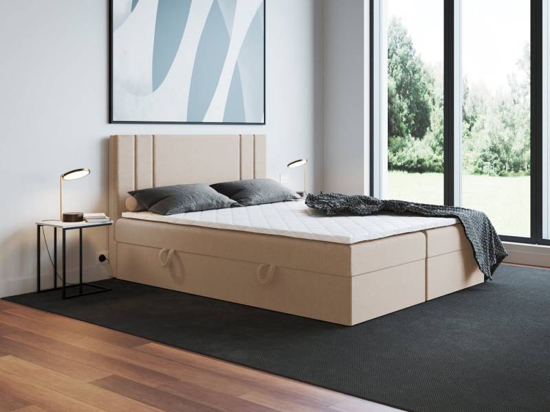 Godre Boxspringbett mit Bettkasten Nardo 140x200 cm - Bonellfederkern Matratze (Bett + Matratze), Bett mit zwei seitlich zu öffnenden Kästen von Godre