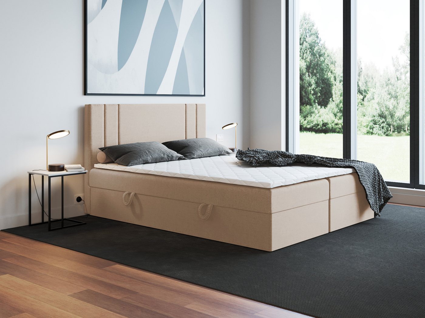 Godre Boxspringbett mit Bettkasten Nardo 140x200 cm - Bonellfederkern Matratze (Bett + Matratze + Topper), Bett mit zwei seitlich zu öffnenden Kästen von Godre