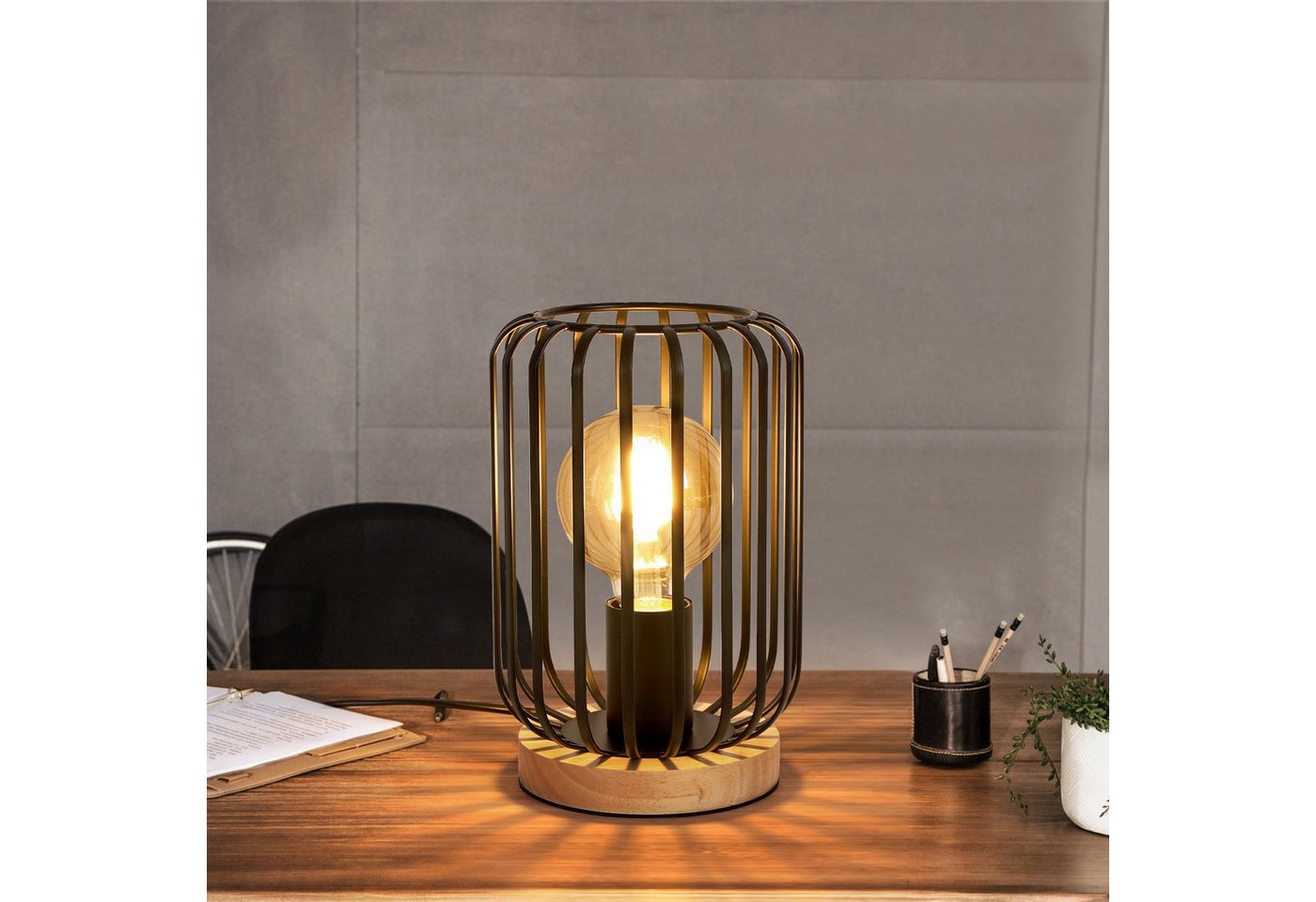 Goeco Nachttischlampe Industrie-Tischlampe, Metallgitter, Holzunterbau, E27 Fassung, ohne Leuchtmittel, Schwarz Vintage Nachttischlampe, 14x21cm von Goeco