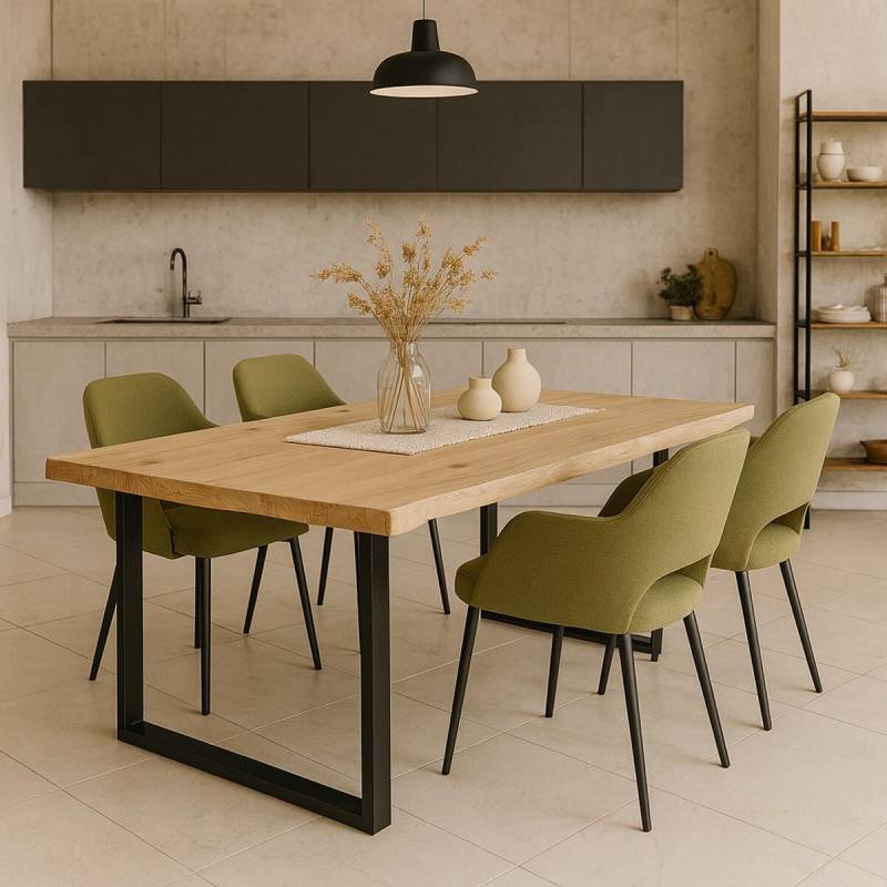 Essgruppe  Industrial Loft  5-teilig Esstisch Baumkante 220x100 White Wash mit 4 Stühlen von Göhring