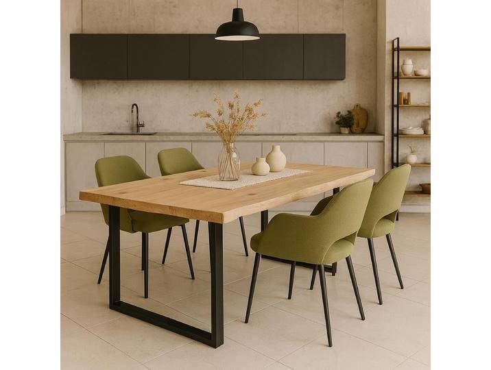 Essgruppe Industrial Loft 5-teilig Esstisch Baumkante 220x100 White Wash mit 4 Stühlen von Göhring