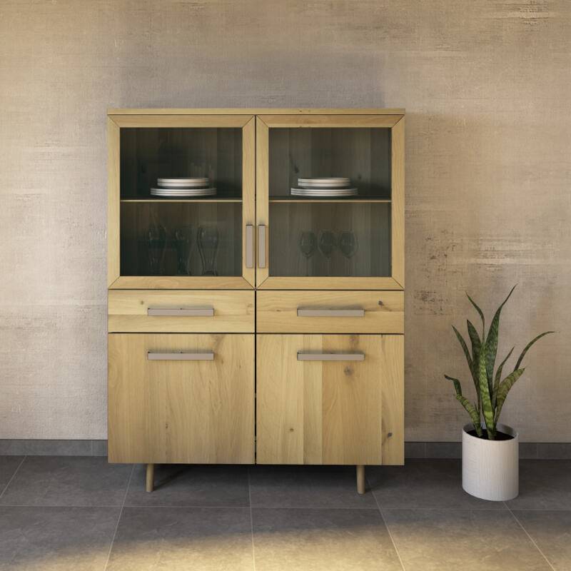 Esszimmer Highboard mit Glastüren - Retrofüße Wildeiche weiß geölt Esszimmer Highboard mit Glastüren - Retrofüße Wildeiche weiß geölt von Göhring