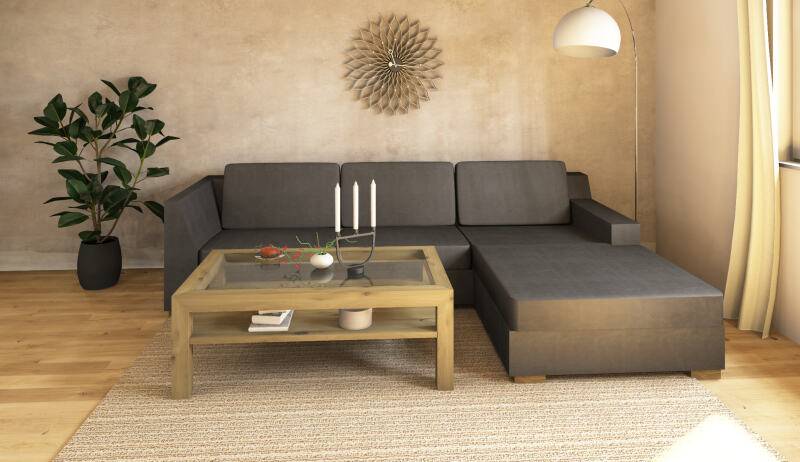 Großer Massivholz Couchtisch mit Glasplatte Wildeiche weiß geölt von Göhring
