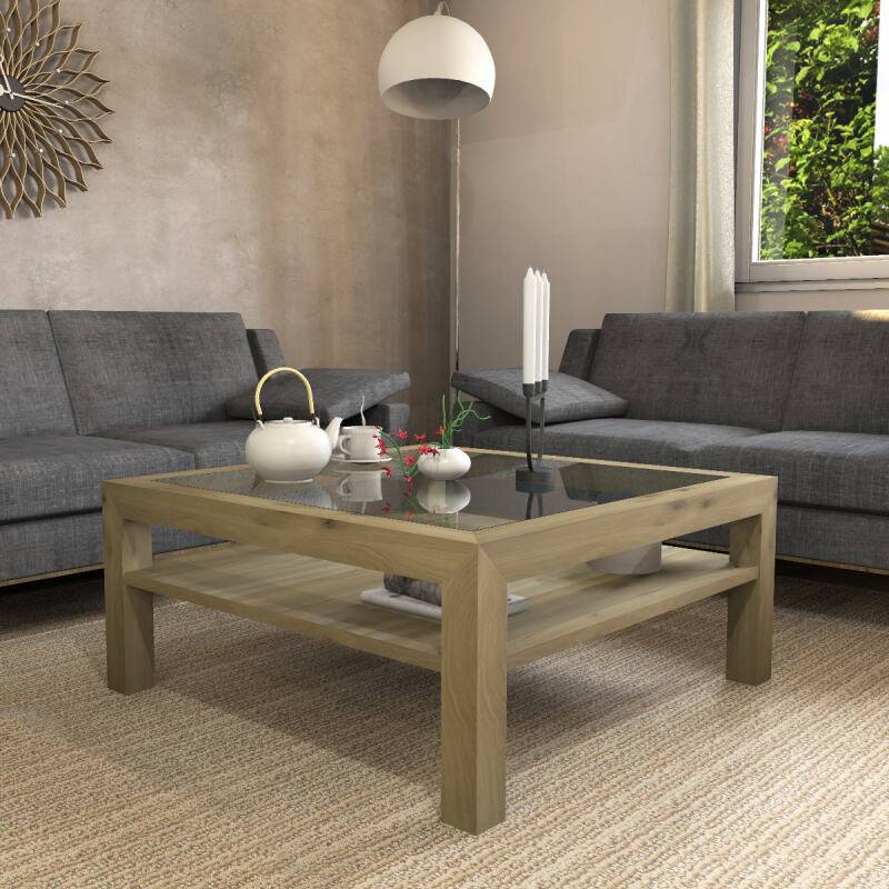 Großer Quadratischer Couchtisch mit Glasplatte - 100x100cm Wildeiche weiß geölt von Göhring