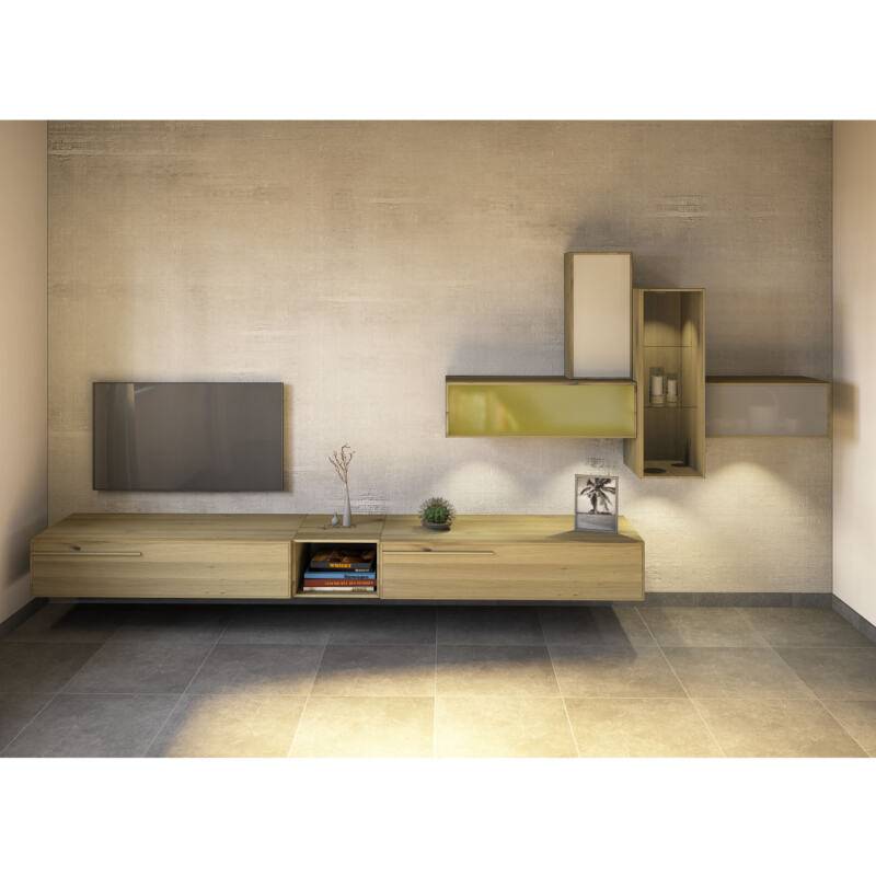 Hängende Massivholz TV-Wohnwand Wildeiche weiß geölt Hängende Massivholz TV-Wohnwand Wildeiche weiß geölt von Göhring