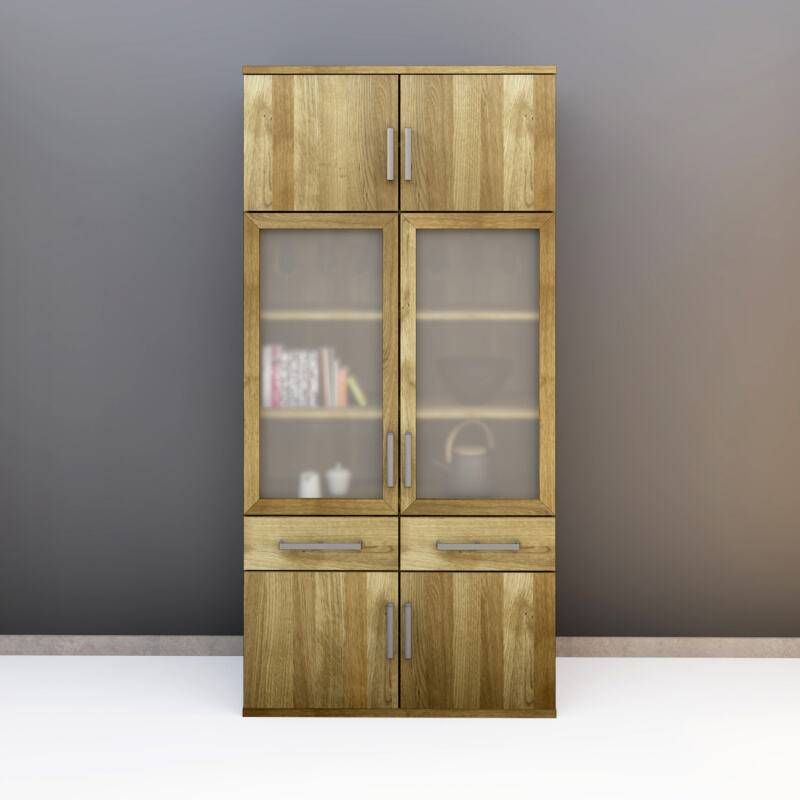 Hoher Wohnzimmerschrank Massivholz mit Vitrine Eiche von Göhring