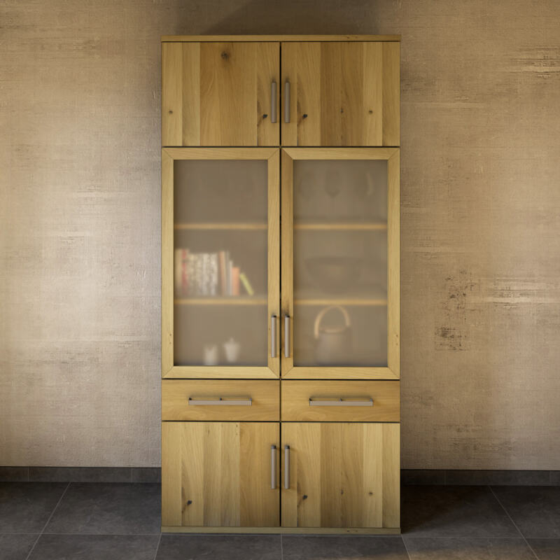 Hoher Wohnzimmerschrank Massivholz mit Vitrine Wildeiche weiß geölt Hoher Wohnzimmerschrank Massivholz mit Vitrine Wildeiche weiß geölt von Göhring
