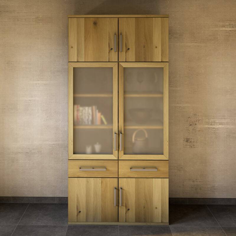 Hoher Wohnzimmerschrank Massivholz mit Vitrine Wildeiche weiß geölt Hoher Wohnzimmerschrank Massivholz mit Vitrine Wildeiche weiß geölt von Göhring