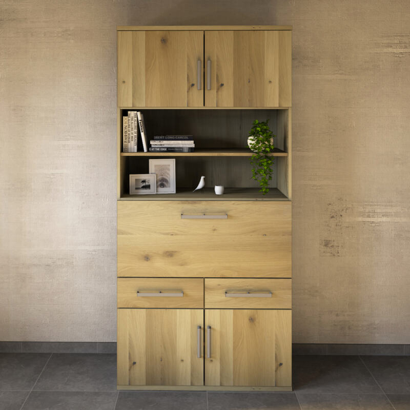 Hoher Wohnzimmerschrank mit Klapptür Wildeiche weiß geölt Hoher Wohnzimmerschrank mit Klapptür Wildeiche weiß geölt von Göhring