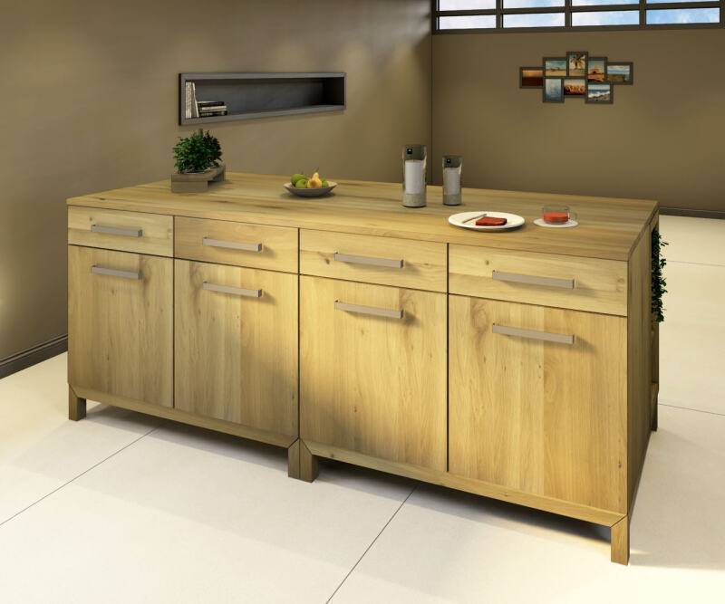 Lange Massivholz Kücheninsel mit offenem Regal Wildeiche weiß geölt von Göhring