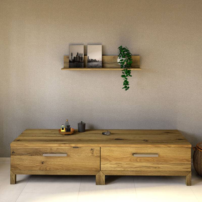 Langes Massivholz TV-Lowboard zwei Schubladen - Tiefe 60,4 cm Wildeiche von Göhring