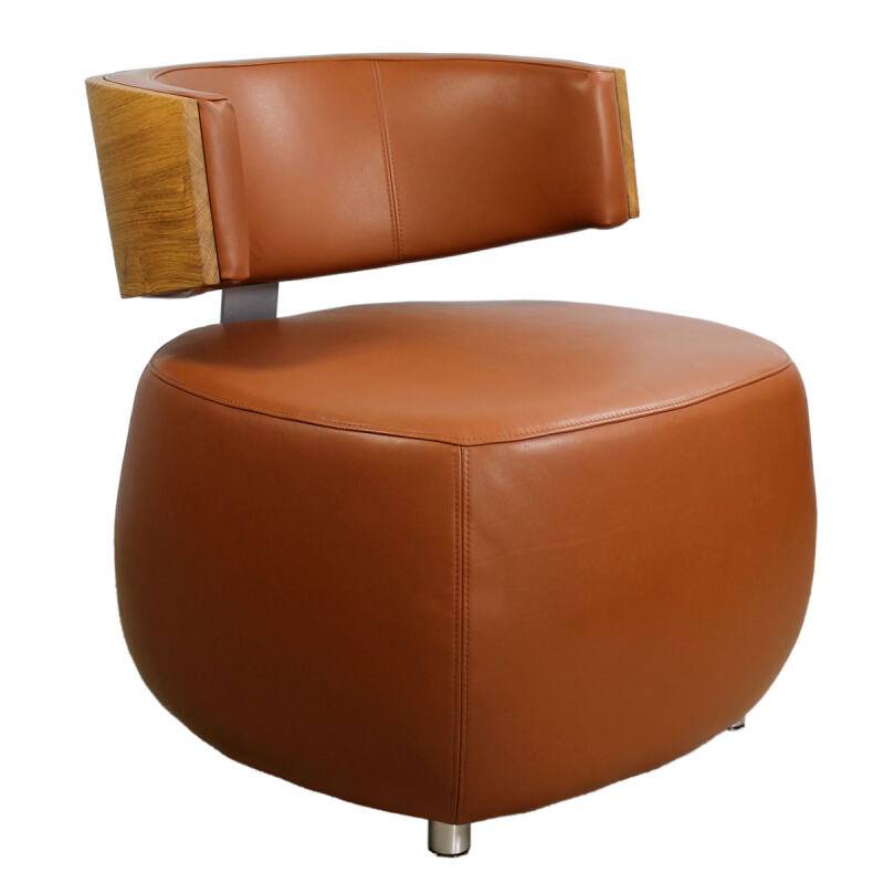 Leder Designer Sessel BOOM mit Eiche natur cognacbraun von Göhring