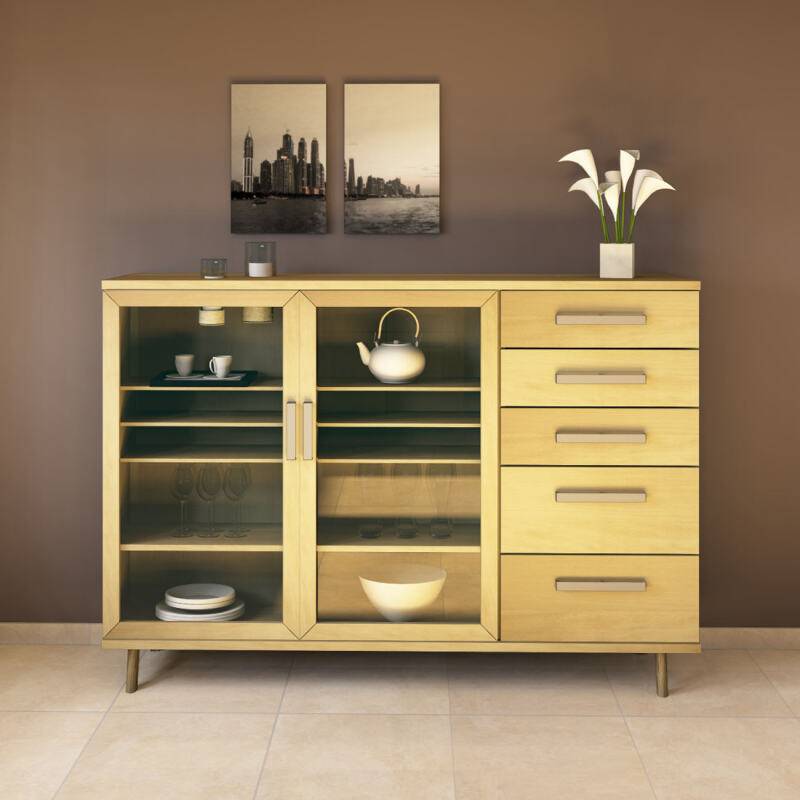 Massives Sideboard mit Glastüren 200 cm - Retrofüße Buche von Göhring